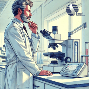 digital drawing of a lab scientist thinking while working in a lab